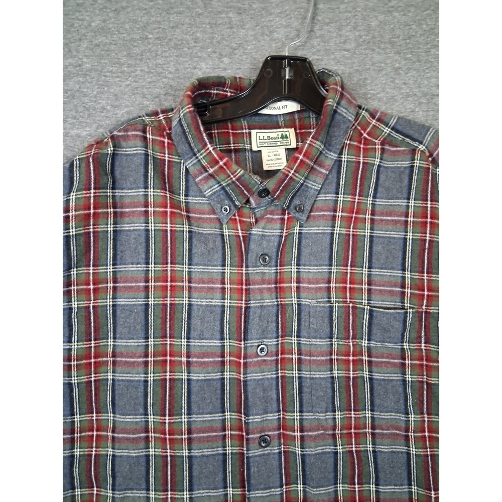 LL‎ Bean Mens Shirt XL Gray Red Scotch Plaid Flannel Traditional Fit 228061